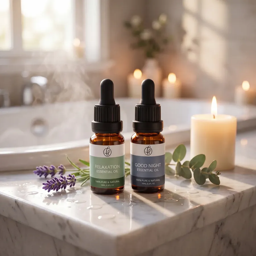 Aromatherapy oil bottles beside a candle